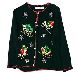 BP Design L Embellished Beaded Christmas Cardigan Sweater Sled Ugly Christmas